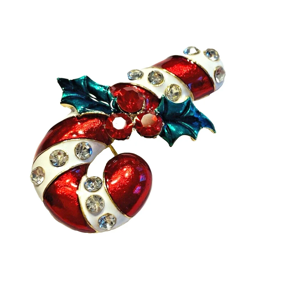Christmas Brooch Pendant Red & White Enamel Candy Cane & Rhinestones Novelty Pin